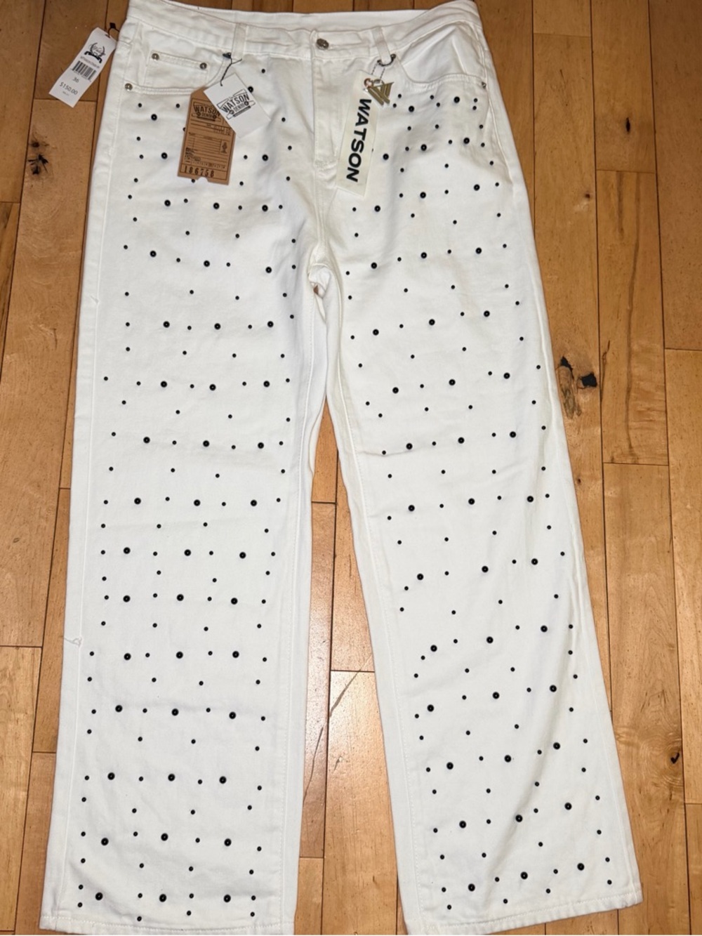 Watson Denim White Wide Leg Pants With Black Pearls Msrp $150 Men’s 36